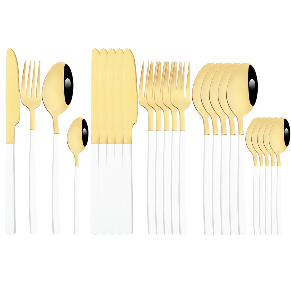 

Western Dinnerware 24Pcs Stainless Steel Cutlery Set White Gold Kitchen Silverwar Dinner Fork Knife Coffee Spoon Tableware Set