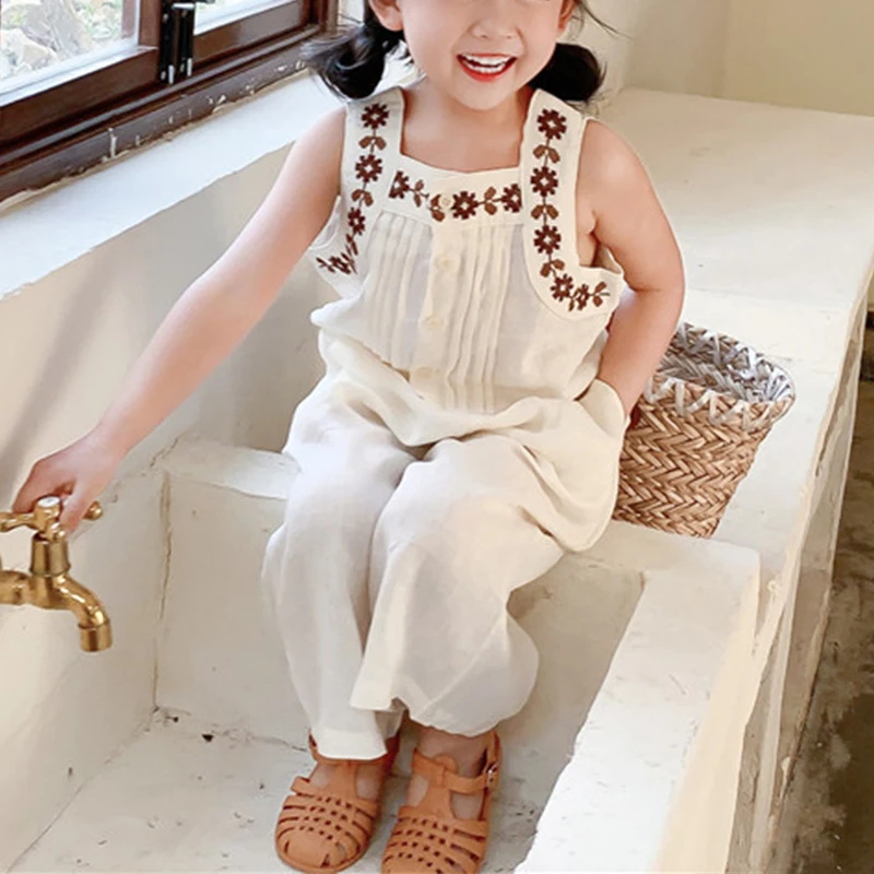 RiniLucia Toddler Girls Clothing Sets 2022 Summer Girls Clothes Flower Embroidery Cotton Tank Top Outfit Kids Tracksuit Suit