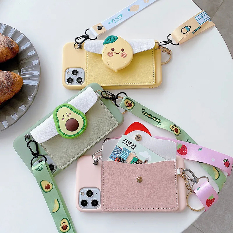 

Cartoon Avocado Leather Wallet Soft Phone Case for Xiaomi Redmi Note 9 9S 9T 8 8T 7 6 5 Pro Max 5A 4 4X 5G Necklace Strap Cover