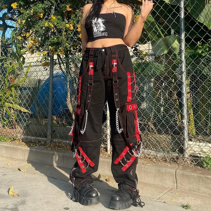 

Women Gothic Punk Pants Hip Hop Harajuku Baggy Y2K Cargo Pant Casual Streetwear 90s Wide Leg Retro Low Waist Women Trousers