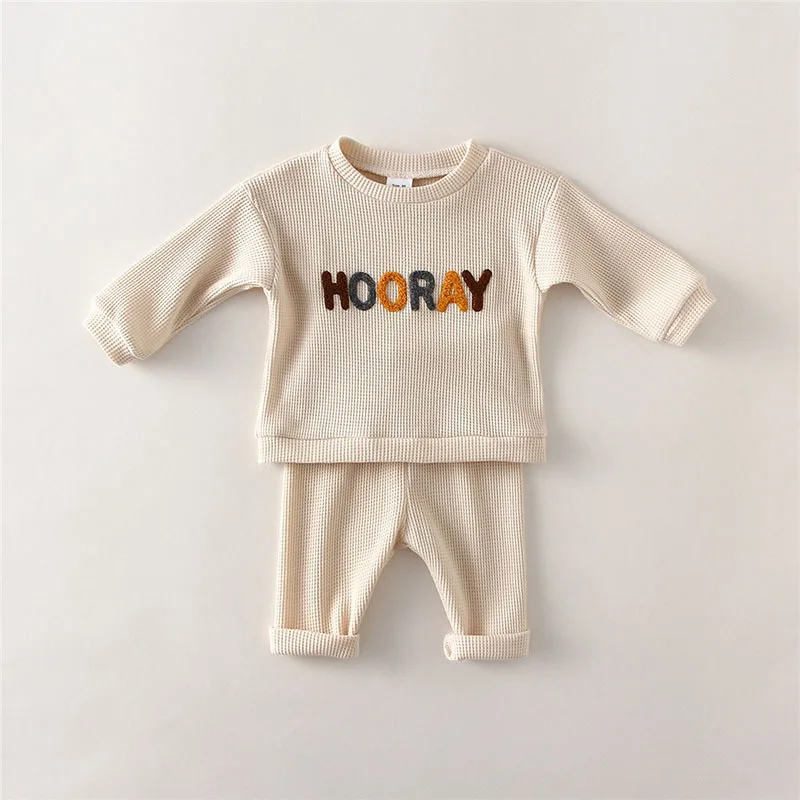 2022 Autumn New Children Waffle Clothes Set Baby Fashion Letter Print Casual Sweatshirt Boys Girls Loose Pants 2pcs Suit Cotton
