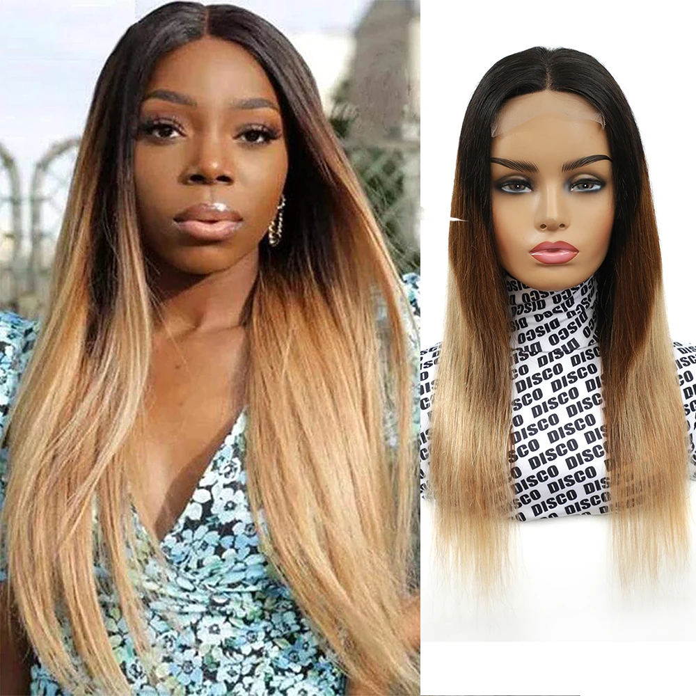Colored 4x4 HD Transparent Lace Human Hair Wigs Ombre Brown Straight Lace Closure Wig For Women Blonde Pre Plucked Remy Wig