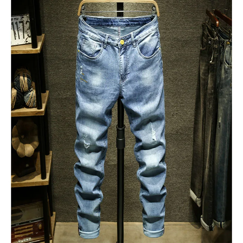 Y2k Streetwear Jeans for Men High Street Fashion Men Clothing Slim Ripped Jeans Mid Waist Cropped Jeans