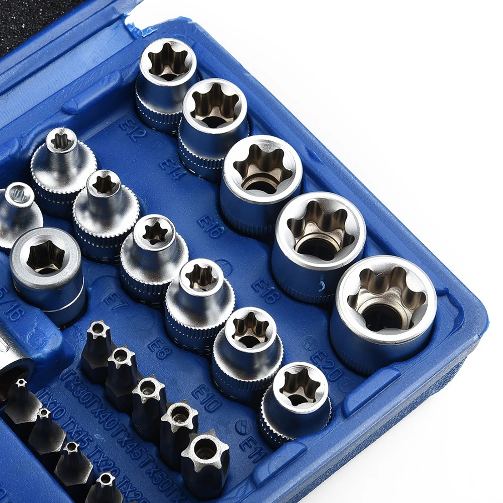 

34PCS Torx Star Sockets Bit Set 3/8 Inch Drive Bit Socket T10-T60 3/8 Inch Drive E Sockets E8-E20 Male/Female E-Security Bits