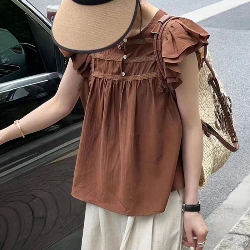 

Женская кружевная блузка с рюшами, Повседневная Свободная плиссированная блузка на пуговицах с рукавом-летящим рукавом, лето 27868