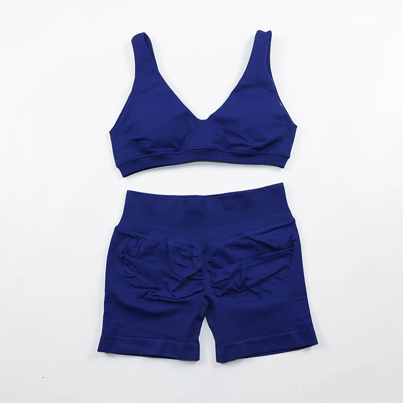 Фото Комплект для йоги из 2 предметов: бесшовный спортивный топ с V-образным вырезом и открытой спиной, шорты с эффектом пуш-ап для фитнеса, женская одежда для тренировок №4