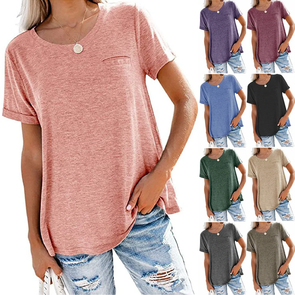 

Women's Top Round Neck Pockets Solid Color Loose Short-sleeved T-shirts Summer Fashion Casual Commuter All-match Tops Lady