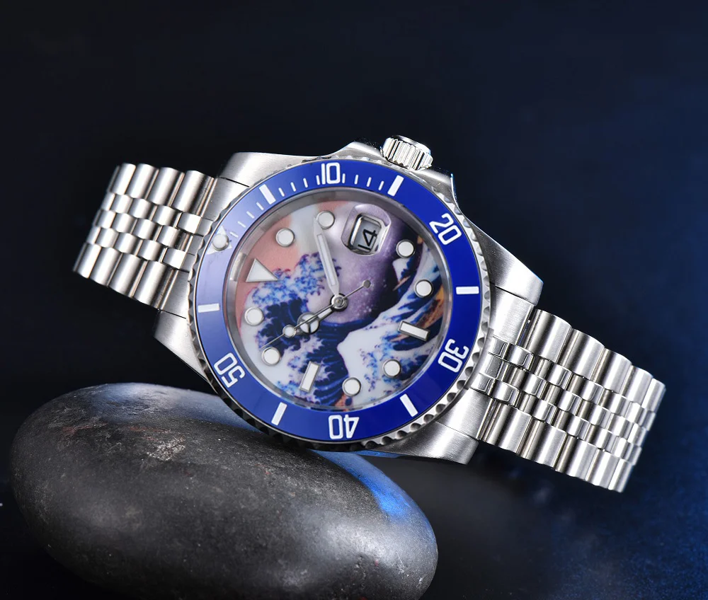 40MM Business Mechanical Watch Kanagawa Surf Dial 8215 Movement Ceramic Bezel Luminous Watch Men's Stainless Steel Strap