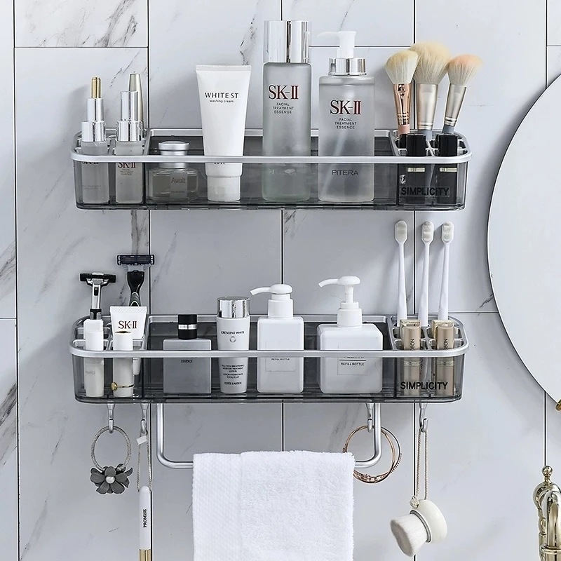 

Wall-Mounted Storage Shelves With Towel Bar Hooks Rectangle Triangle Bathroom Storage Suit For Bath Household Items Home Storage