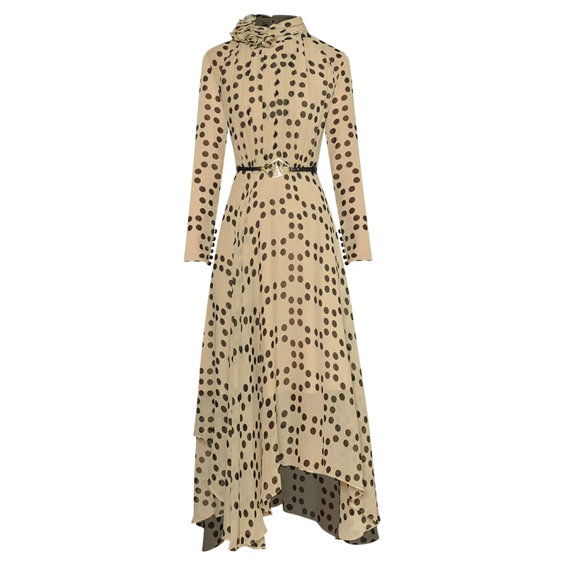 

Dresses For Women 2023 Summer Runway Luxury Brand Elegant Ruffle Stand Collar Long Sleeve Belt Dot Print Office Lady Dress