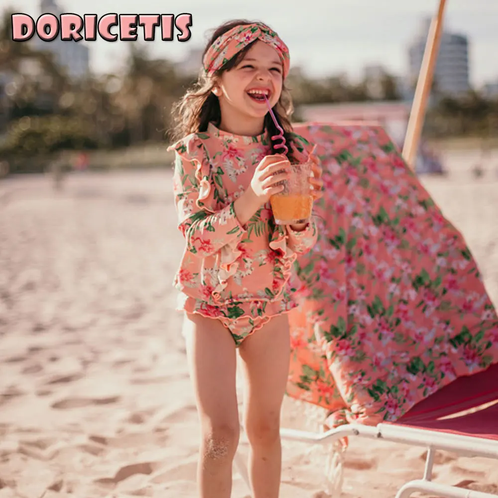 

Children Swimsuit Cute Cartoon Pattern Long Sleeve Siamese Swimsuit Summer Little Girl Seaside Beach Activity Sunscreen Bikini