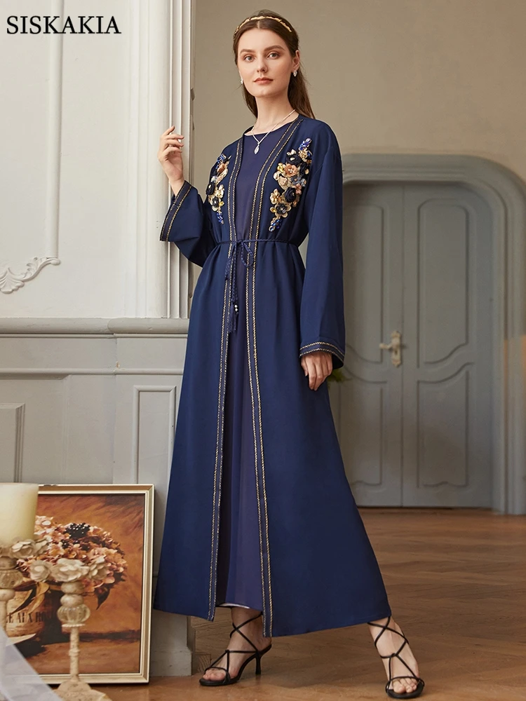 

Floral Embroidery Guipure Lace Panel Belted Dress Fashion Trim Cardigan Robe Moroccan Kaftan Dubai Women's Jalabiya Ramadan