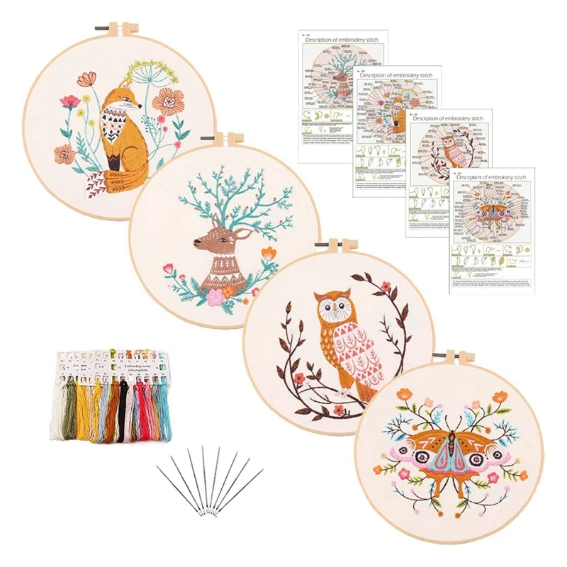 

4 Pack Embroidery Kit For Cross Stitch Starter Kit Include Craft Stamped 4 Embroidery Cloth With