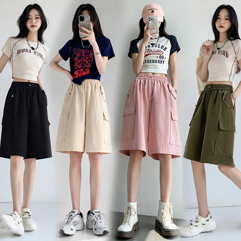 Cargo Shorts Woman 2023 Summer New Arrivals Loose Casual Bottoms With Side Big Pockets Khaki Pink Black Army Green Streetwear