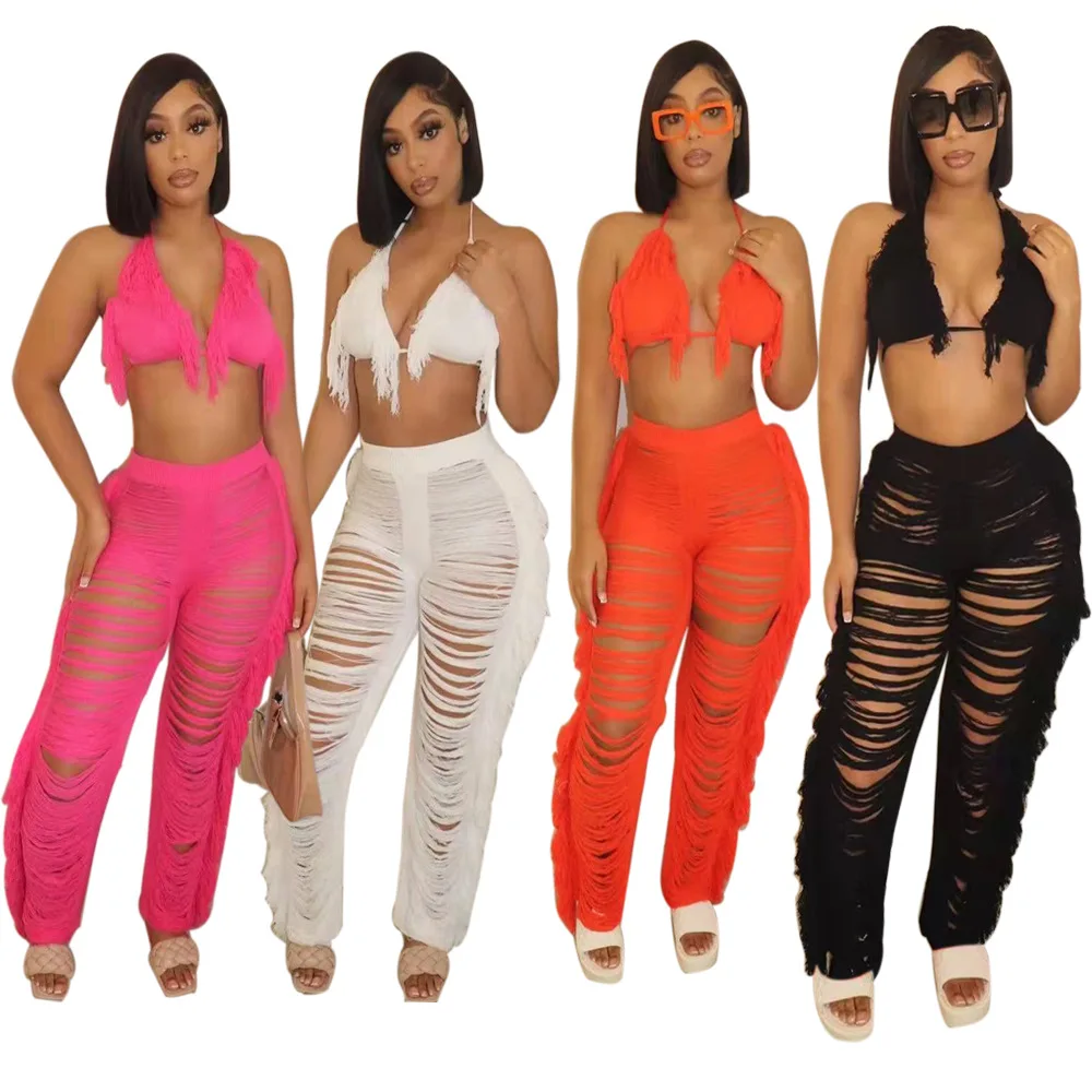 

2022 Summer Women Beach Suit Tassel Solid Color Matching Set Tracksuit Hollow Out Clothes For Women Outfit