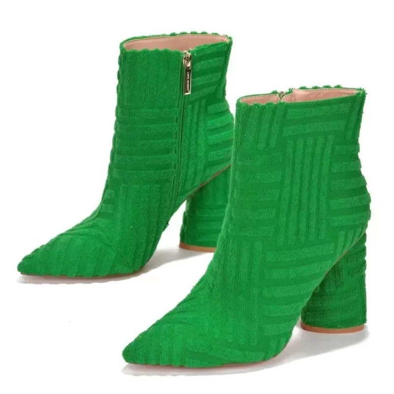 

2022 Design Women's Boots Autumn Ladies Ankle Boots Green Pointed Toe Roman Boots Denim Sexy Square Heel Side Zipper Boots