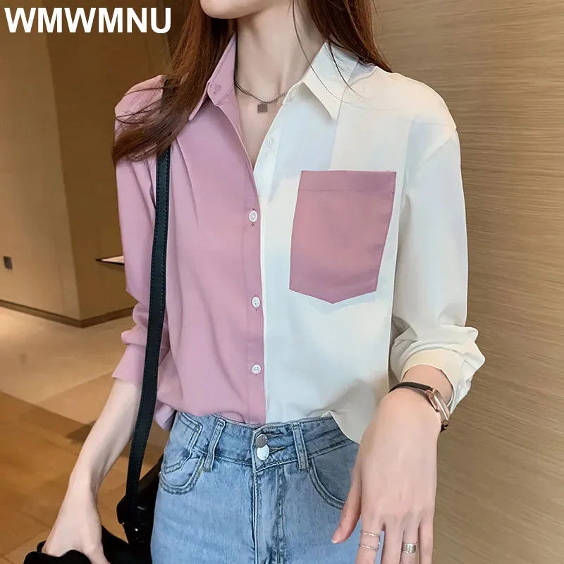 

classic spliced Turn-down collar long sleeve fashion woman blouses 2022 elegant Single Breasted shirts femme Office Formal tops