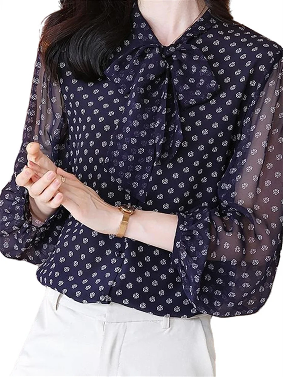 

Women Spring Summer Blouses Shirts Lady Fashion Casual Long Sleeve Bow Tie Collar Printing Blusas Tops WY0612