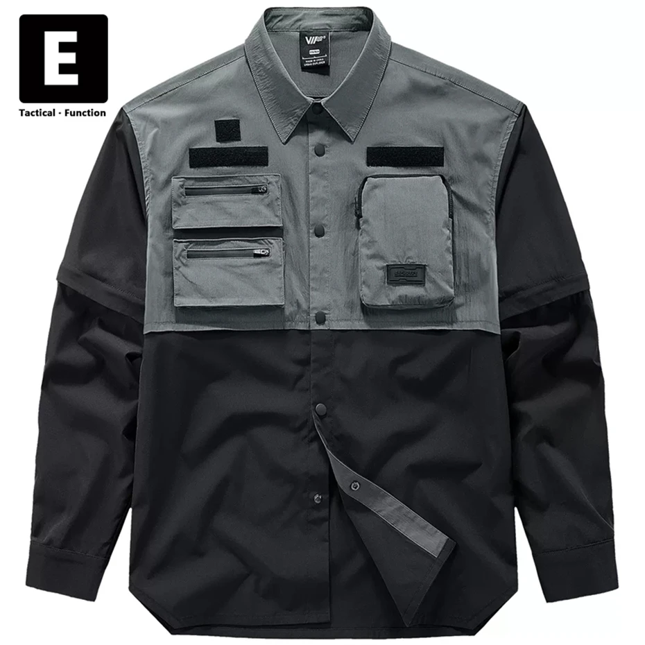 Techwear Cargo Shirt Men Spring Autumn Long Sleeve Shirts Jackets Removable Sleeves Patchwork Shirt Streetwear Male