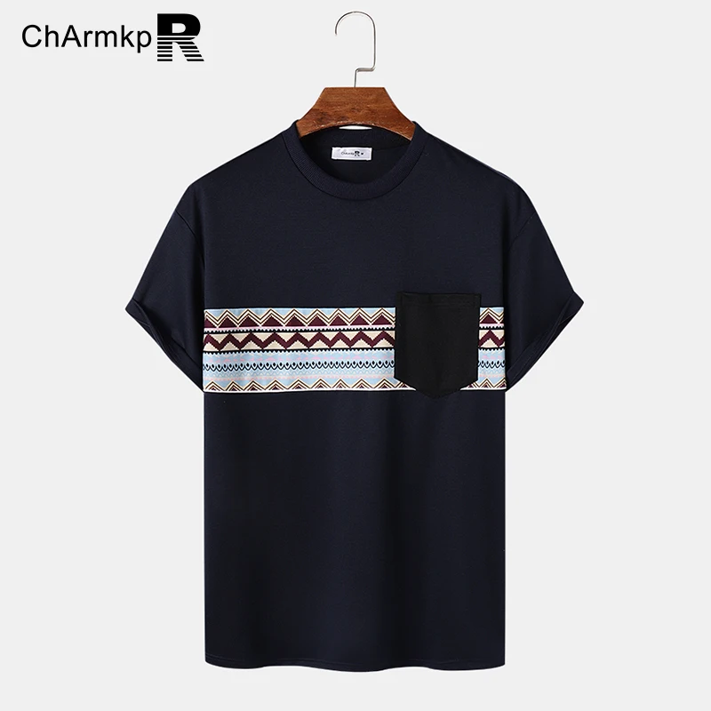

ChArmkpR 2023 Summer T-shirts Men Tops Tee Casual Short Sleeve Oversize Men'Clothing Blouse Stitching Crew Neck T Shirt Camisas