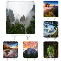 misty forest landscape shower curtain foggy pine trees nature mountain scenery sunset hot air balloon fabric bathroom curtains