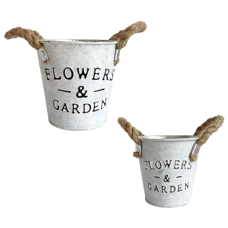 

Vintage Wrought Iron Flower Bucket with Handle Garden Plants Pot Container