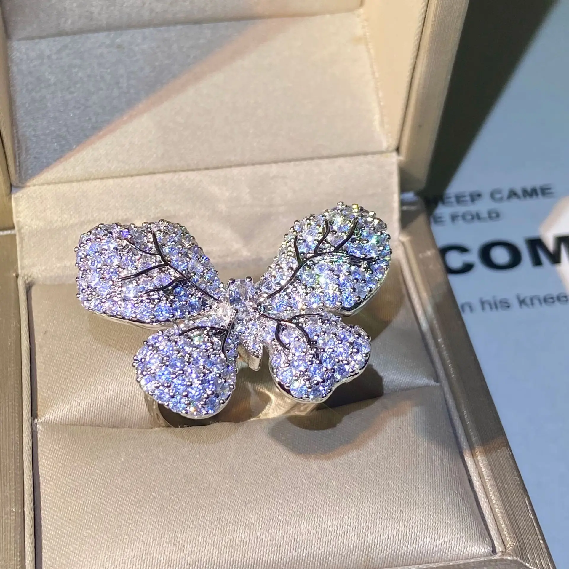 

925 Silver Luxury White Cubic Zirconia Big Butterfly Ring CZ Crystal Night Party Elegant Ear Pins Top Quality Women Jewelry Gift