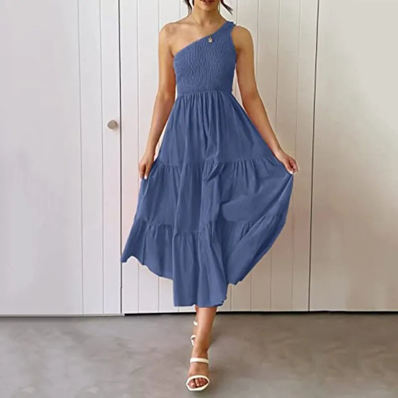 

Платье женское длинное на одно плечо, плиссированное с оборками, Элегантный Повседневный Сарафан с широким подолом, лето 2023