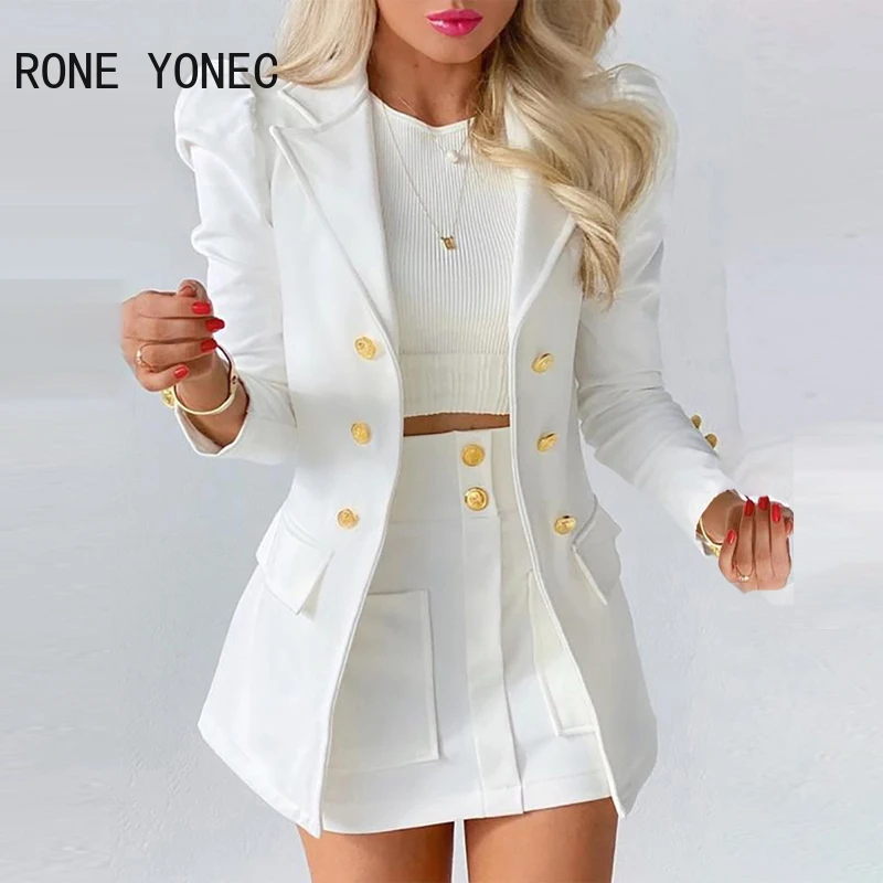 Женский элегантный пиджак на пуговицах с пышными рукавами и дизайнерская юбка