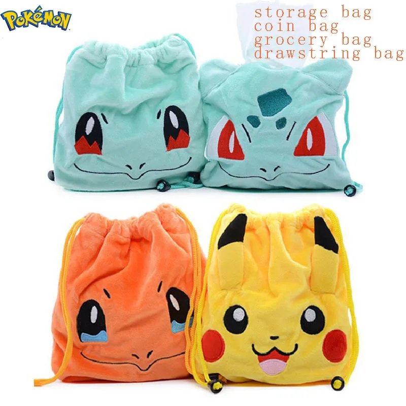 

Bandai Anime Pokemon Kawaii Pikachu Bulbasaur Squirtle Charmander Plush Doll Storage Utility Bag Coin Purse Drawstring Pockets
