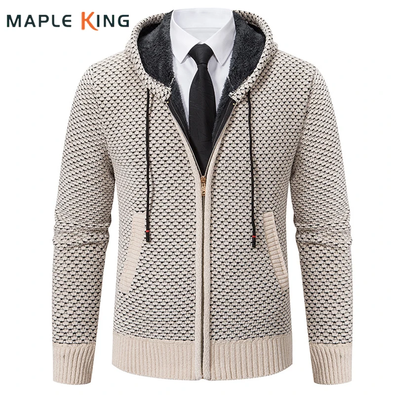

Винтажный кардиган с капюшоном, роскошный Мужской Жаккардовый свитер, корейские элегантные теплые флисовые толстые вязаные свитера на молнии, мужские трикотажные куртки