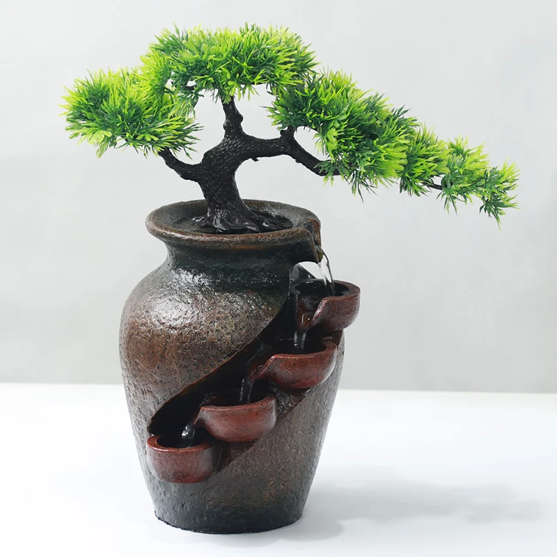 

Resin Crafts Vase Shape Waterfall Fountain Home Desktop Ornament Indoor Water Fountain FengShui Decor Landscape Simulation Plant