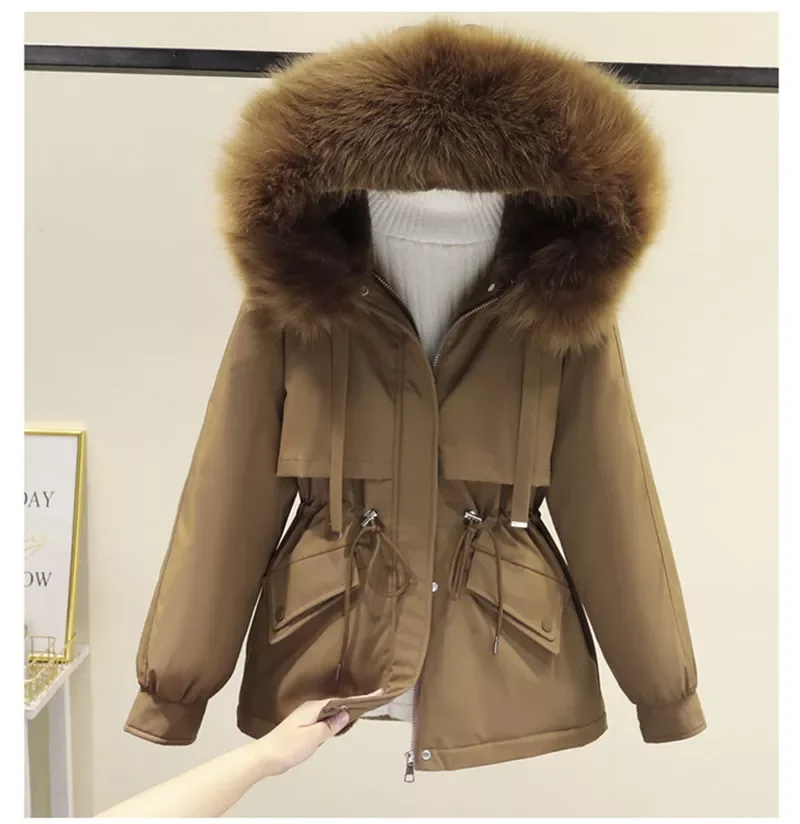 

Cotton Padded Plus Size 2XL Winter Big Fur Jacket Women Loose Slim Warm Hooded Parka Coat Down jacket