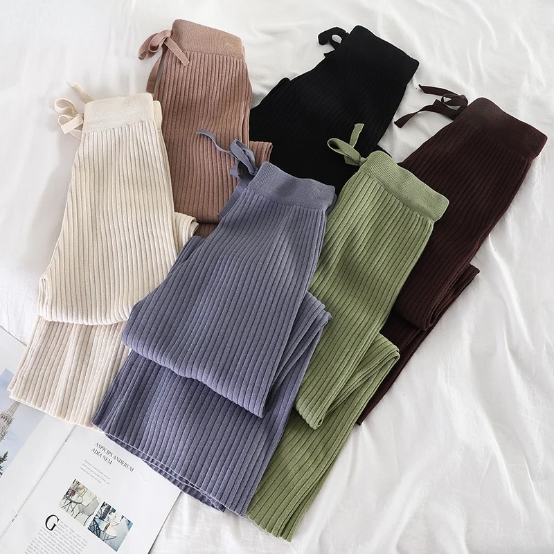 

Winter Autumn Knitted Wide Leg Pants Women Korean Solid Pit Long Trousers Elastic Lace Up Pants Plus Size Sweatpants