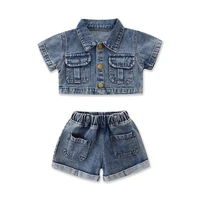kids clothes girls summer fashion girls workwear denim two piece short sleeved cardigan shorts ropa de bebe ni%c3%b1a