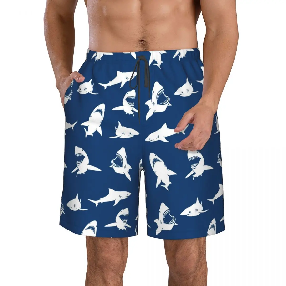 

Men's Beach Swim Shorts Surfing Maillot De Bain White Sharks Silhouettes Sport Men's Board Shorts Quick Dry Swimwear