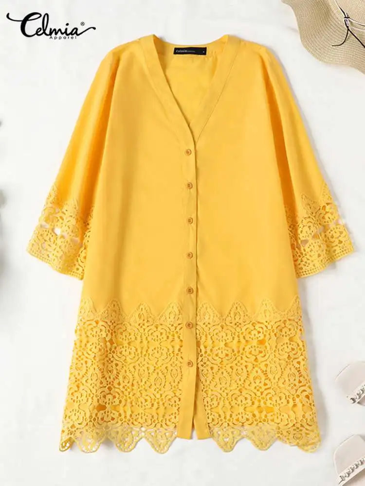 Женский сарафан celmiя однотонный летний с 3/4 рукавом V-образным вырезом