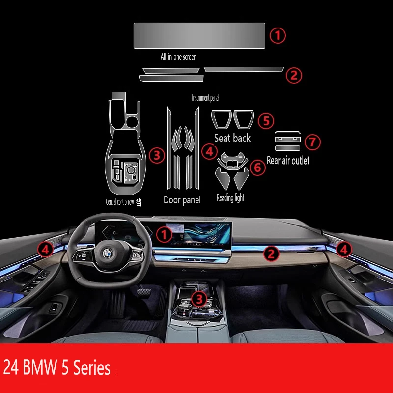 Фото Защитная прозрачная пленка из ТПУ для салона автомобиля BMW 5 серии (i5, 520i, 530, 540) G60 2024-2025 – аксессуары для центральной консоли №1
