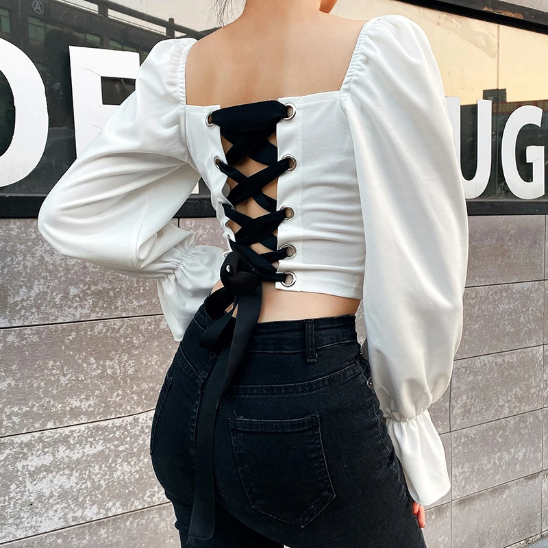 

Back Tie Cut Top Women's T-shirt Ladies Long Puff Sleeve White Black Slim Temperament Short Sexy Square Neck Tie T-shirt E Girl