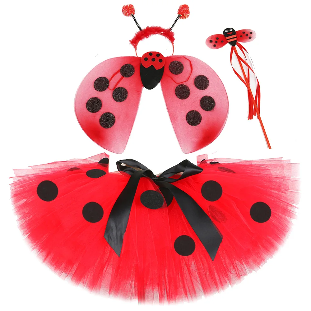 

lady Beetle Tutu Skirt With Wings Set Kids Birthday Party Fairy Outfit Toddler Girl Christmas Halloween Costumes For Baby Girls