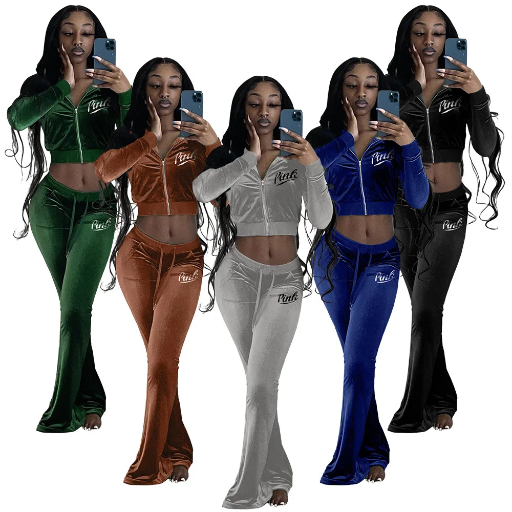 

Горячая Распродажа бархатные женские брюки из двух частей, Велюровый комплект, джоггеры, спортивный костюм, расклешенные брюки и укороченная куртка, женские осенние наряды