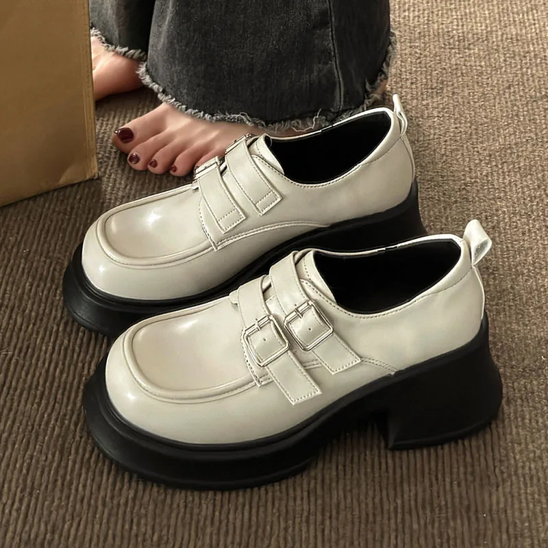 

white Loafers Women Platform 2023 Buckle Increased Women's High heel Shoes Wild Horsebit British Style Girl mary jane heels