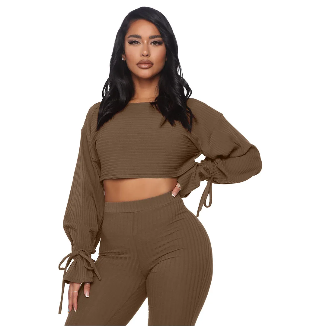 

2023 Women's Solid Color Round Neck High Waist Big Pit Strip Trumpet Sleeve Tie Sleeve Jacket Two-piece Suit Womens