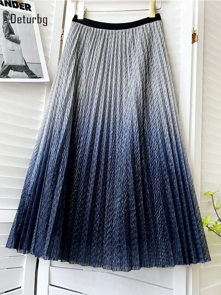 

Women's Vintage Snake Skin Gradient Mesh Midi Skirt Ladies High Waist 3 Layer Pleated Bright Line A-Line Skirts 2022 Autumn K09