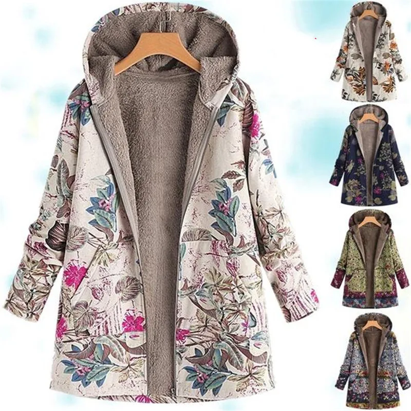

2021 Autumn Winter Women Warm Coats Vintage Plus Size Casual Printed Hooded Outwear Fashion Long Sleeve Zipper Jackets