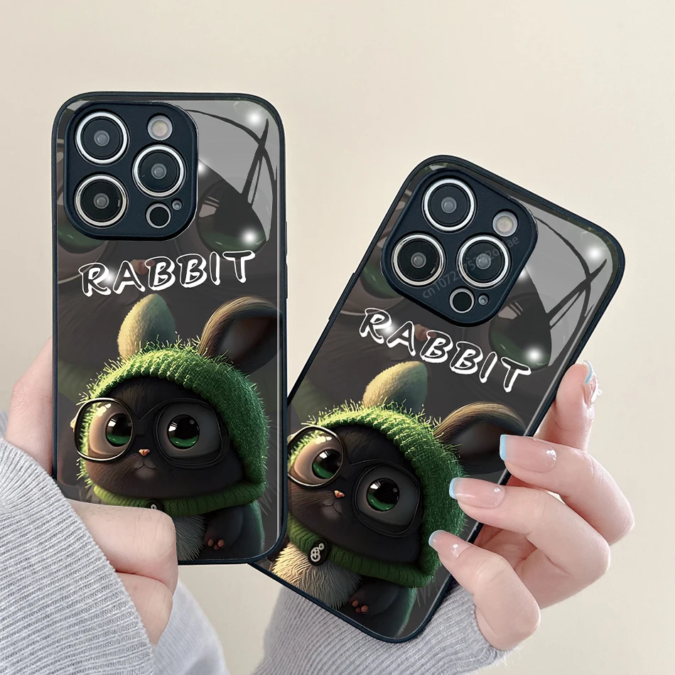 

Cartoon Rabbit Painted Glass Phone Case For iPhone 14 13 12 11 Pro Max Mini XS Max X XR 7 8 Plus Se2 SE3 Protection Back Cover