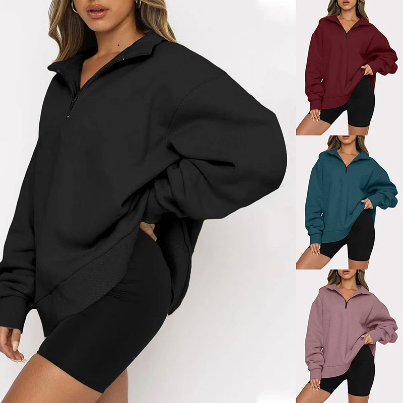 

New Sweatshirt Harajuku Tops Long Sleeve Zipper Collar Hip Hop Vintage Streetwear Fashion Spring Autumn Boyfriend Style Pullover