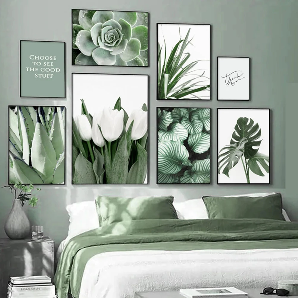 

Green Plant Wall Art Canvas Painting Tropical Plant Nordic Poster White Tulip Wall Painting Modern Living Room Art Wall Pictures