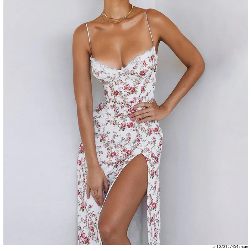 

Женское платье на бретельках, универсальное платье в европейском и американском стиле ретро с цветочным принтом, длинная юбка с высокой талией и Боковым Разрезом, весна 2023