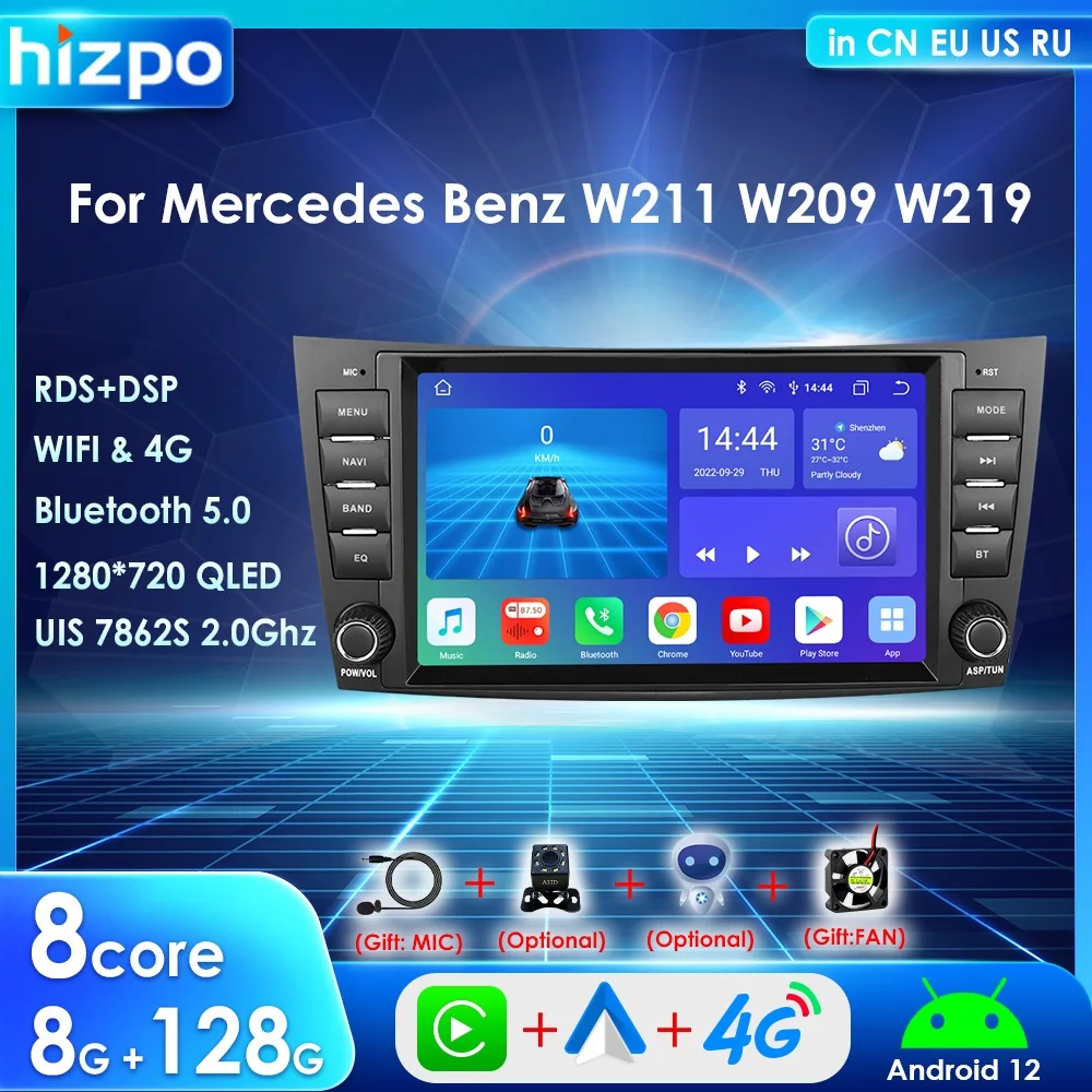 Hizpo 8'' 2din Car Radio Carplay For Mercedes-Benz E-class W211 GLS W219 W209 W463 Android 12 Multimedia Player GPS RDS FM BT 4G